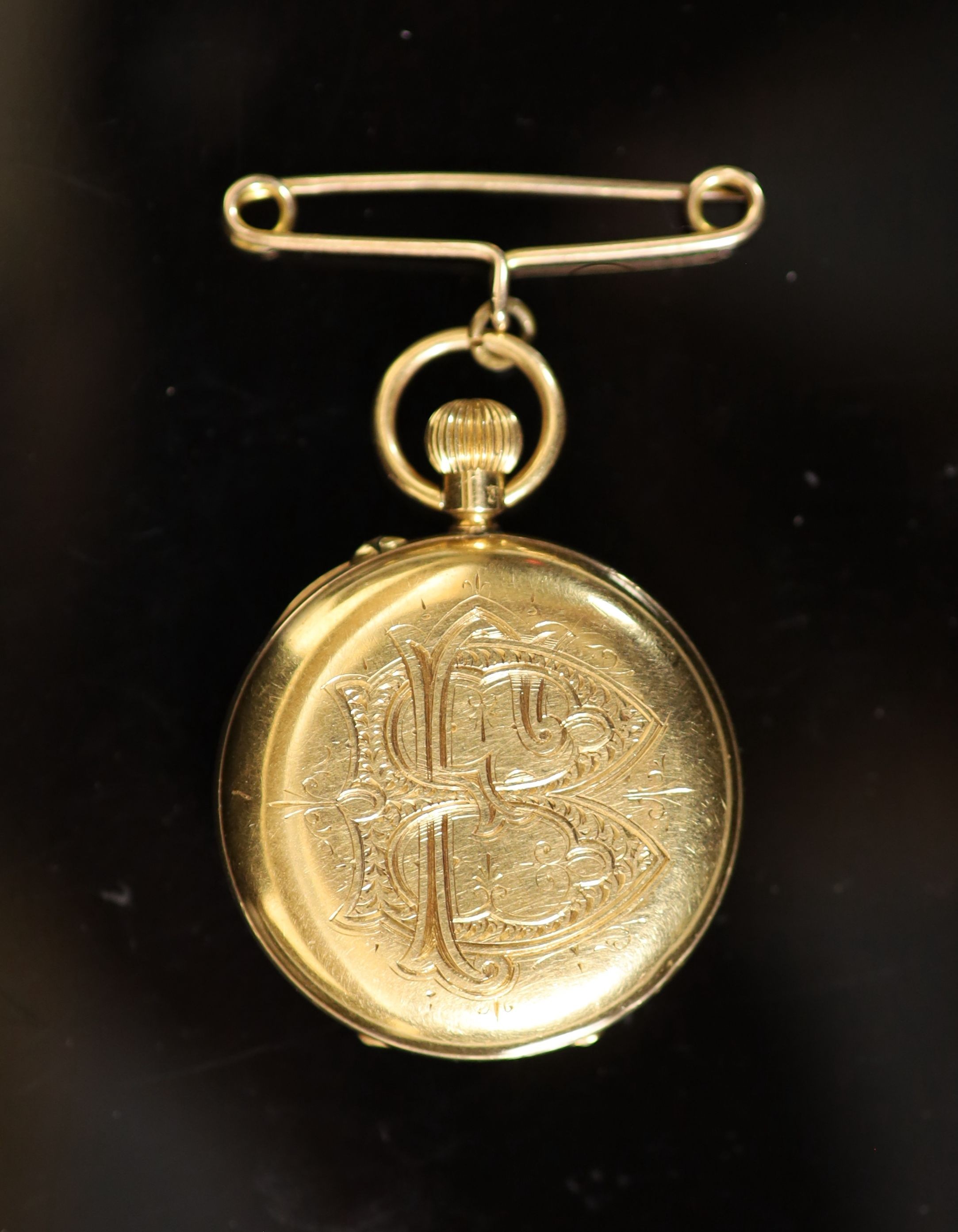 A late Victorian 18ct gold open face keyless fob watch